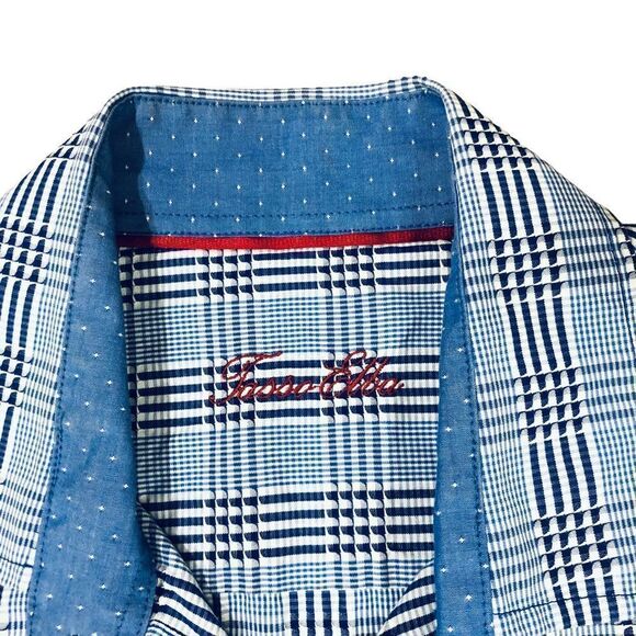 Tasso Elba Blue Plaid Buttons Down Long Sleeve Flip Cuff  Sz M (15-151/2) Shirt - Picture 3 of 10